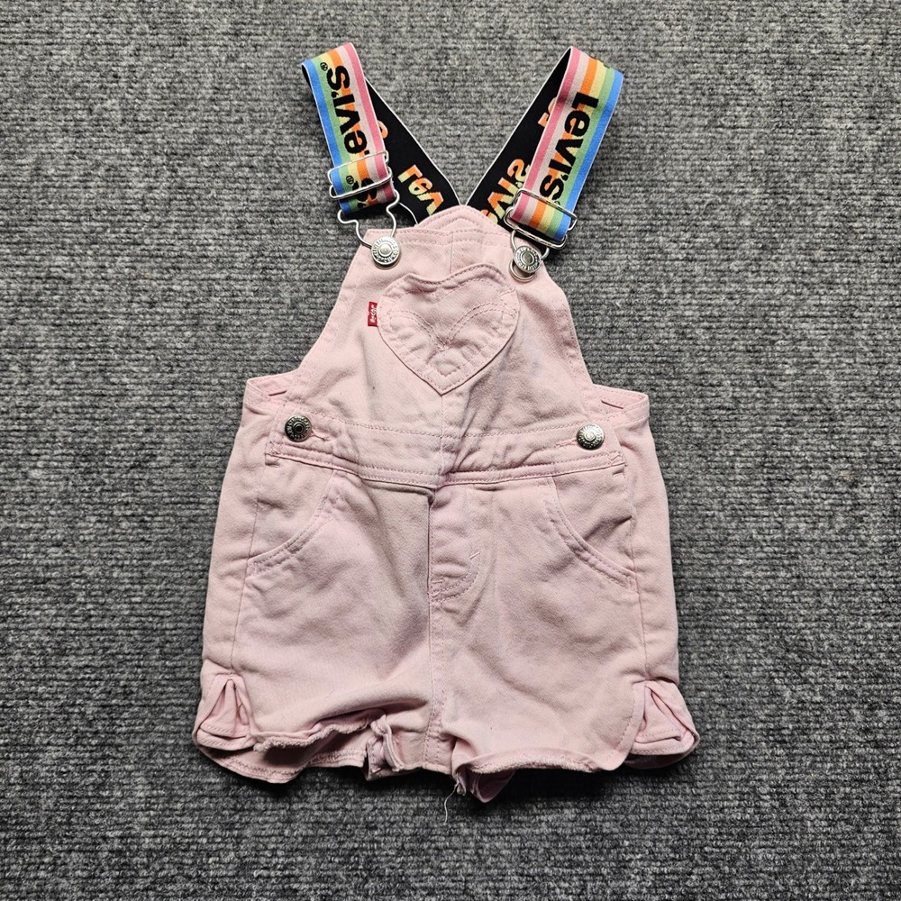 Levis Kids Pink Denim Shortall Rainbow Logo Straps Heart Pocket 6-9M A991-ACA